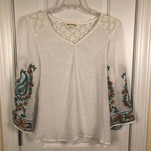 Womens Top Cottage Fairy Festival Boho Embroidered Sz Large Romantic Sheer Flowy